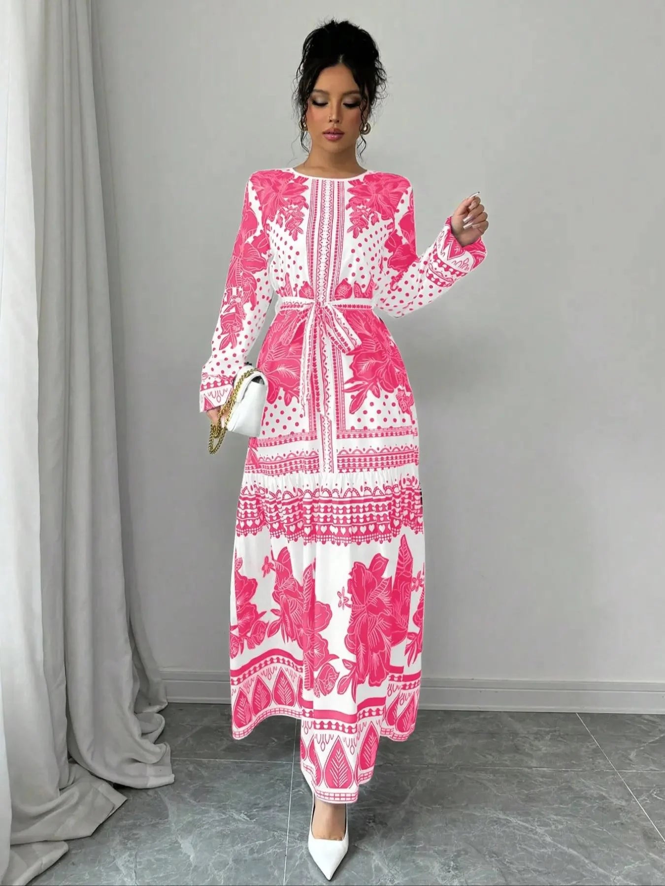 Women's Floral Print Belted Dress, Elegant Fashion Casual Long Sleeve Dress for Daily Outdoor Wear, Women Dress for Summer