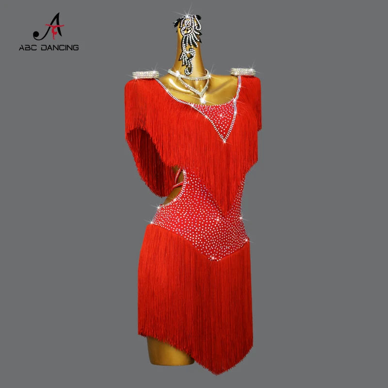 Red Latin Dance Fringed Dresses Sexy Womens Competition Costume Adult Female Party Clothes Cabaret Practice Wear Girl Stage Suit