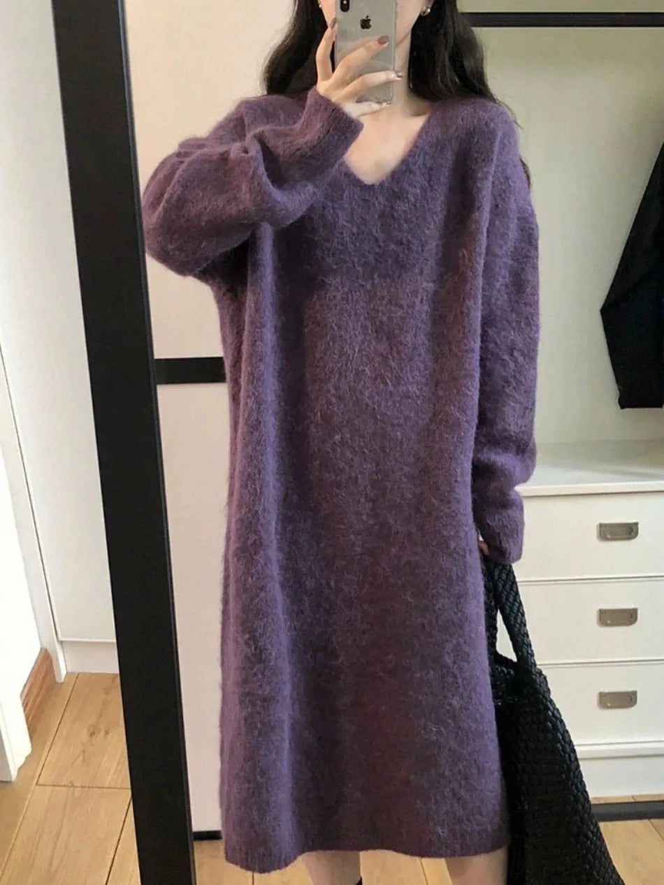 Sweater for Woman Autumn Winter Lazy Style V Neck Knitted Dresses Korean Fashion Casual Loose Thickened Warmth Sweaters Dress