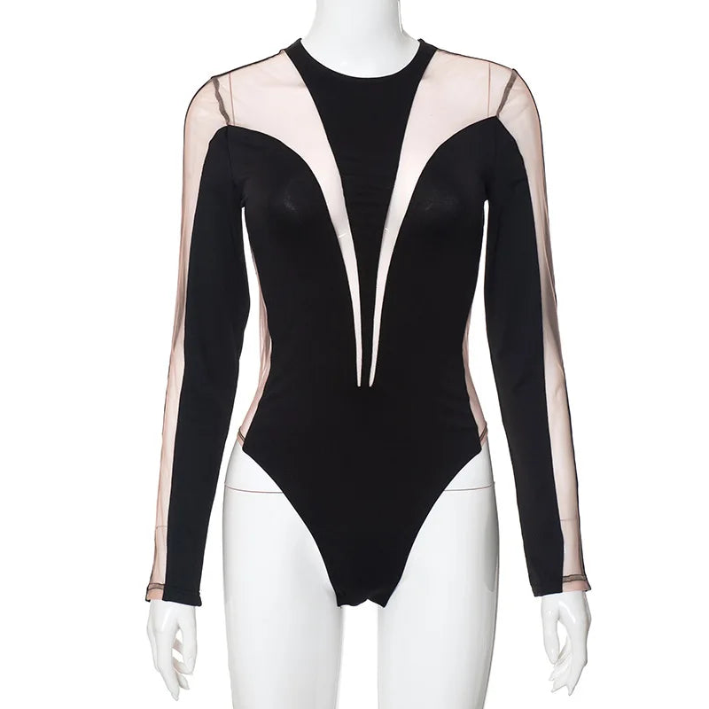 See Through Sexy Bodysuit Lingerie Long Sleeve Lenceria Tranparente One-Pieces Body Feminino Skinny Corset Top Women Rave Outfit
