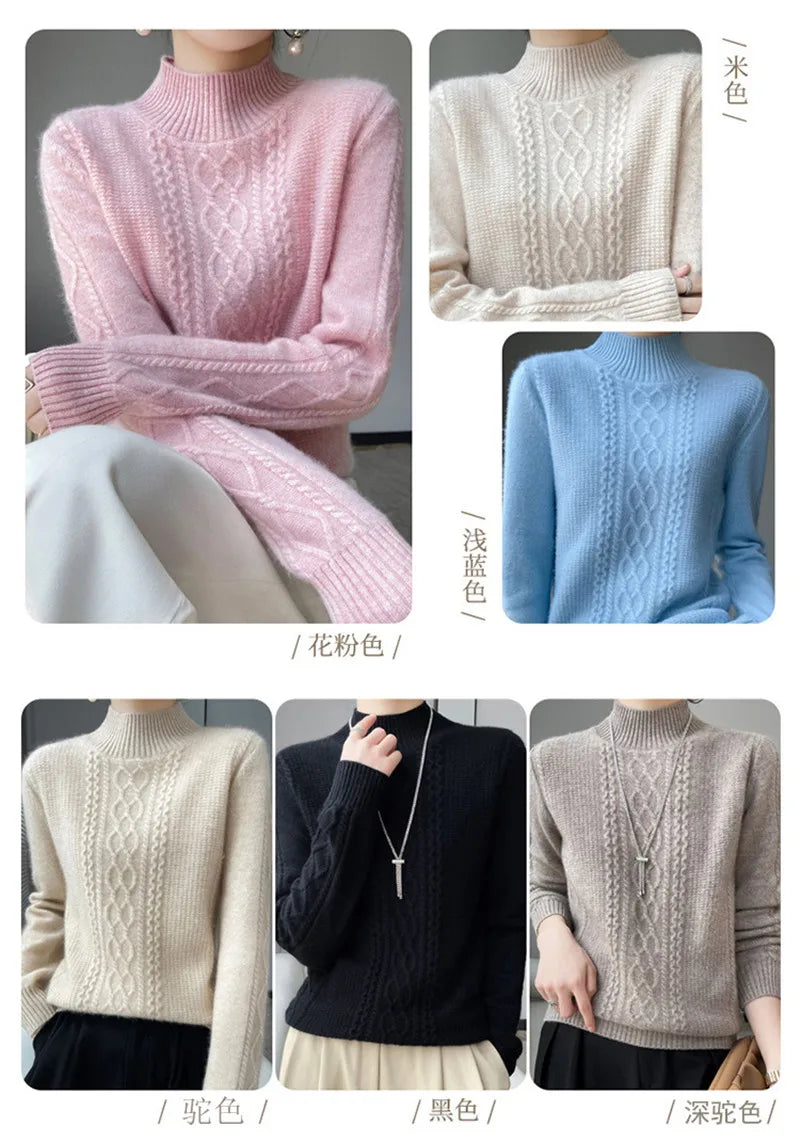 Women's Sweater Spring Autumn Outside Wear Pullovers Half High Collar Knitwear Fashion Long Sleeve Pull Femme Sueter Tops