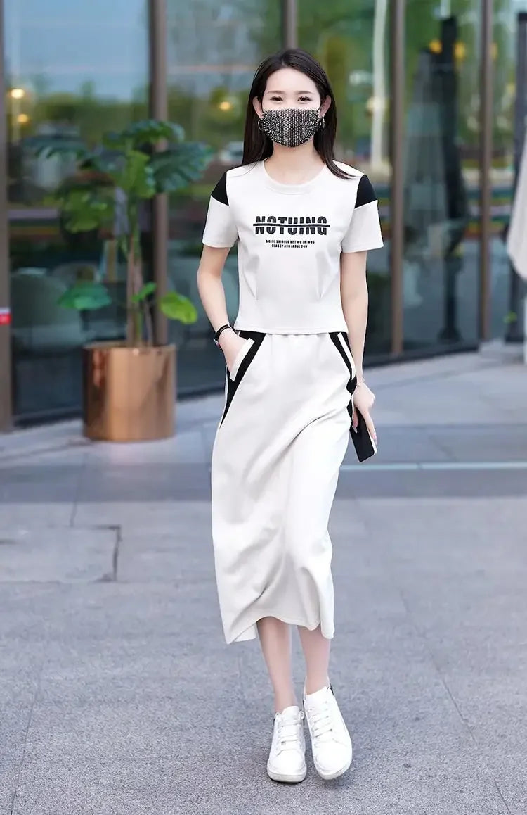 Women's Two Piece Set Short Sleeve Lightly Cooked Slit Skirt Luxury Designer Clothing Y2k Clothes Top and Bottom Female Outfits