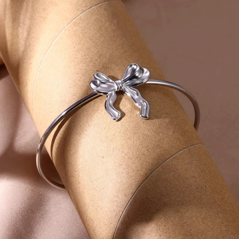 Bow Knot Bangles Bracelet For Women Stainless Steel Bangle Classic Simple Open Adjustable Wrist Jewelry Accessories pulseras BFF