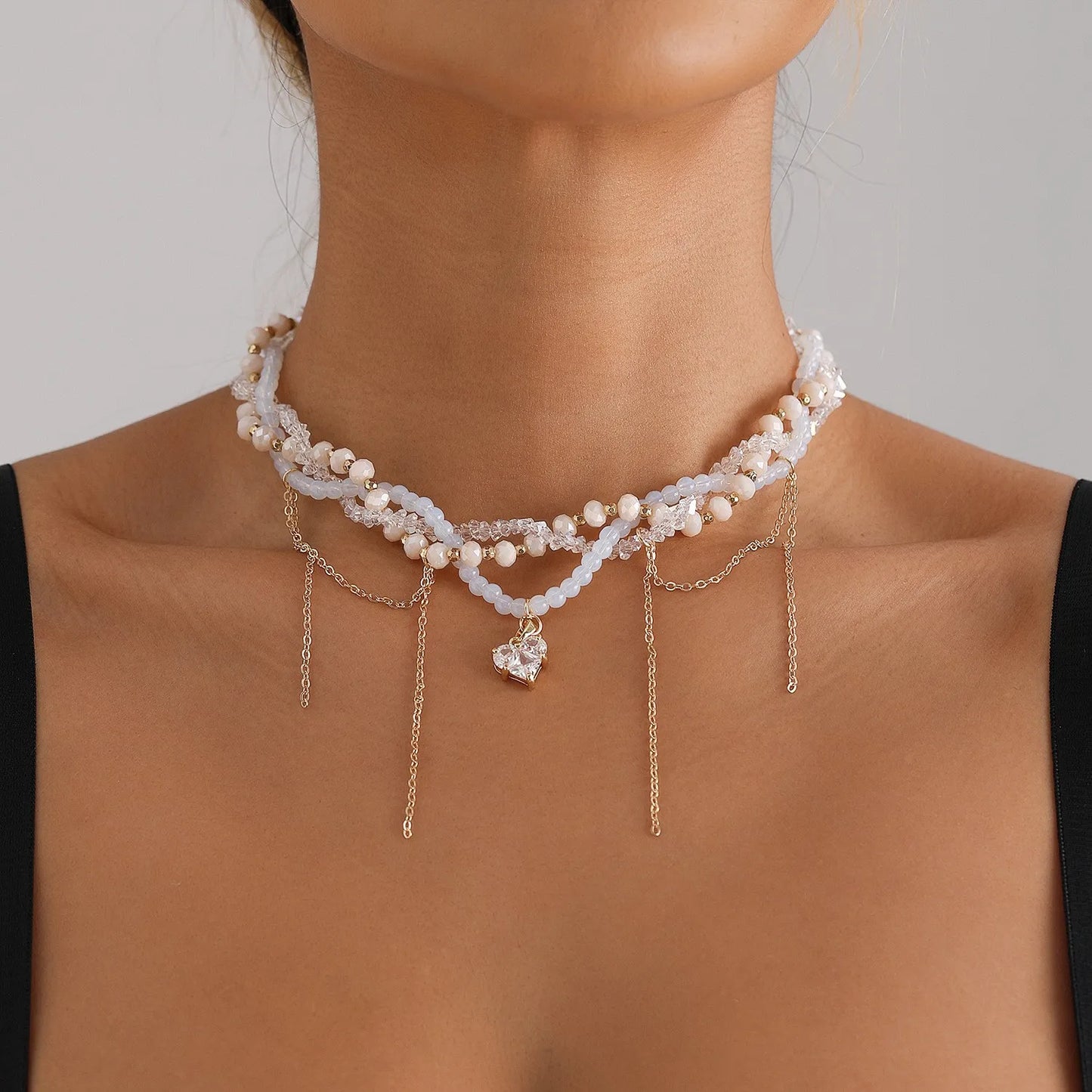 Y2K Heart Beaded Necklace Women Boho Irregular Crystal Class Gravel Clavicle Chain Cool Y2K Choker Exquisite Fashion Jewelry