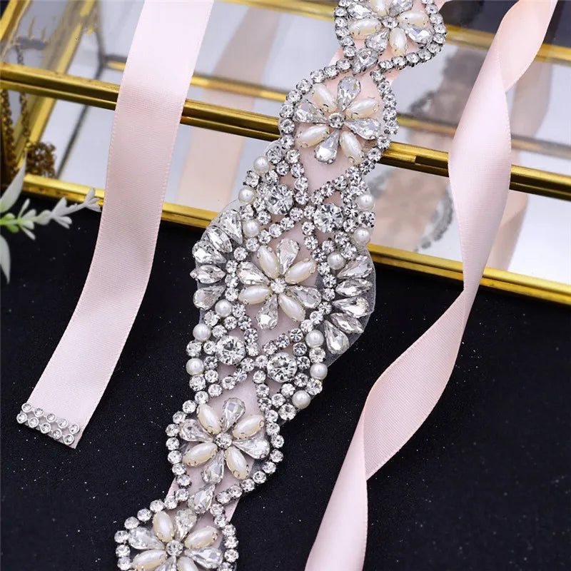 Bridal Belts Bling Wedding Women Handmade Jewelry Silver Rhinestone Pearl Crystal Sparkly Party Formal Dress Diamond Bride Sash