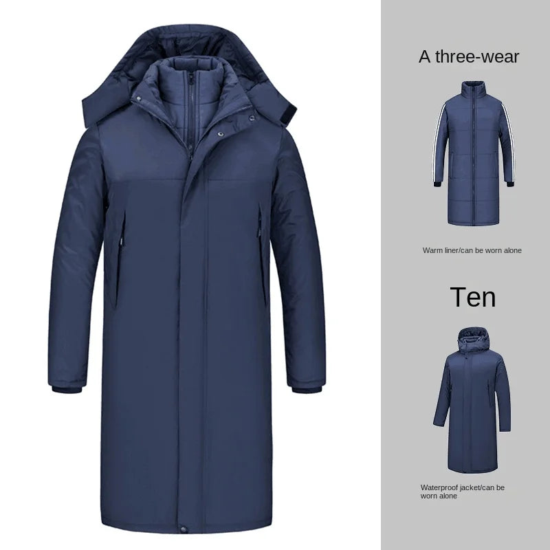 Winter Jacket 3 1-in -1 Removable 2-piece Set Mens Retro Long Warm Padded Jacket Snow Waterproof Thick Hooded Windbreaker Parkas