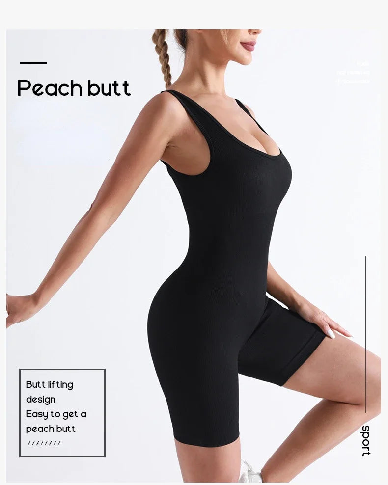 Women Seamless Bodysuit Sexy Thread Shorts Suit High Elastic Hip Liftting Knitting Fashion Set Gym Trainning Yoga Slim Sport Set