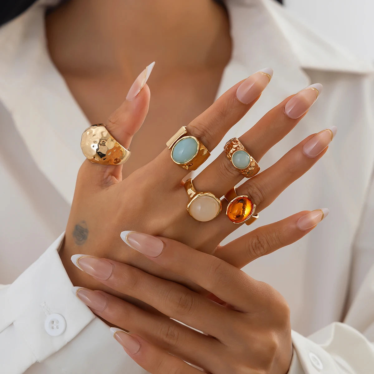 Ingemark 5Pcs/Set Retro Gold Color Irregular Metal Ring for Women Bohemian Open Adjustable Wide Ring Aesthetic Y2K Jewelry Gift