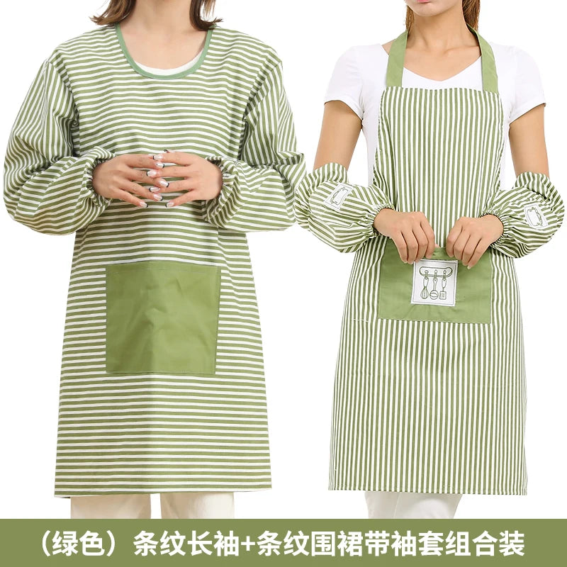 Fashionable Striped Apron For Home Kitchen Cooking Long Sleeved Women's Cute Anti Stain Work Dining Work Clothes Smock