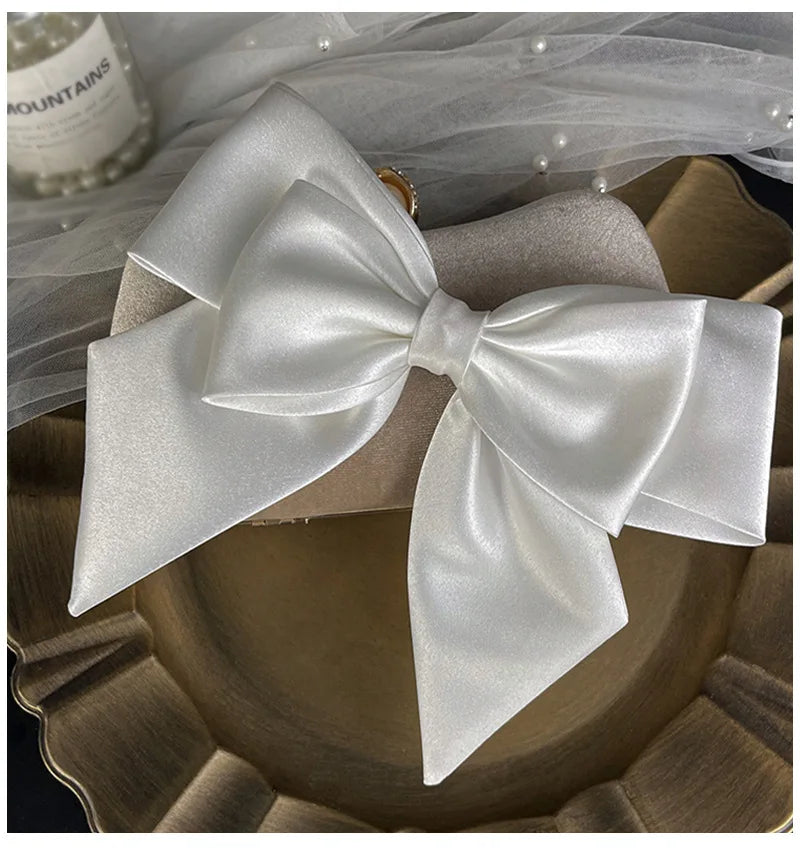 Bridal White Satin Bow Barrettes Wedding  Side Clip  Headdress Elegant  hair accessories for women