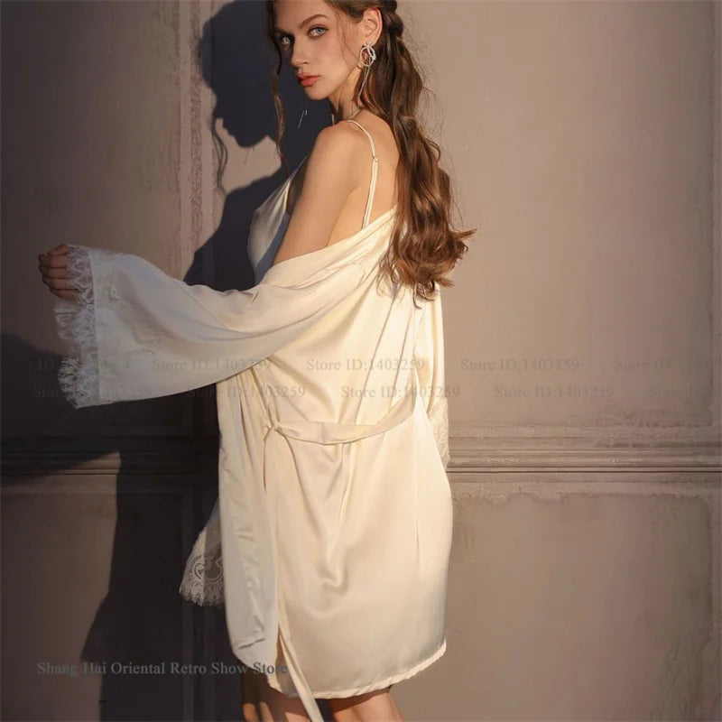 Sexy Women Nighty&Robe Set Intimate Lingerie Spring Summer New Sleepwear Home Dress Patchwork Lace Nightgown Ice Silk Night Wear