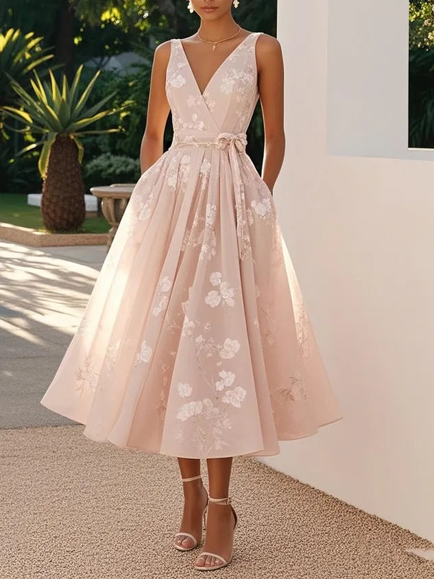 Stylish Temperament Printed Dress Elegant V-neck Mesh Sleeveless Waist Cinched Bow Dress Summer Women Long Dress Formal Dress