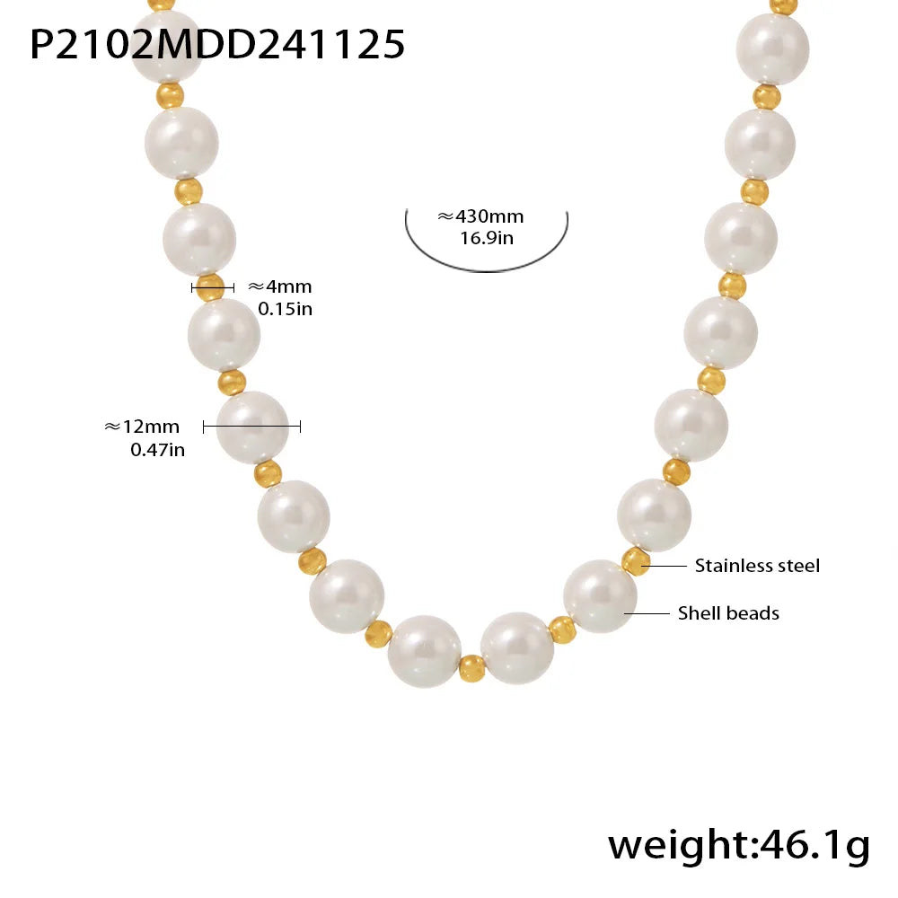 Necklace for Women No Fade Clavicle Chain 12mm White Shell Beaded Stainless Steel Charm Female Jewelry Gift