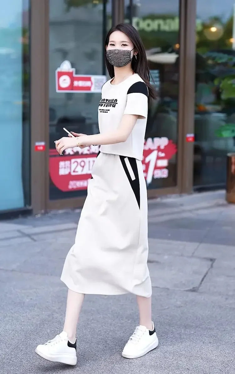 Women's Two Piece Set Short Sleeve Lightly Cooked Slit Skirt Luxury Designer Clothing Y2k Clothes Top and Bottom Female Outfits