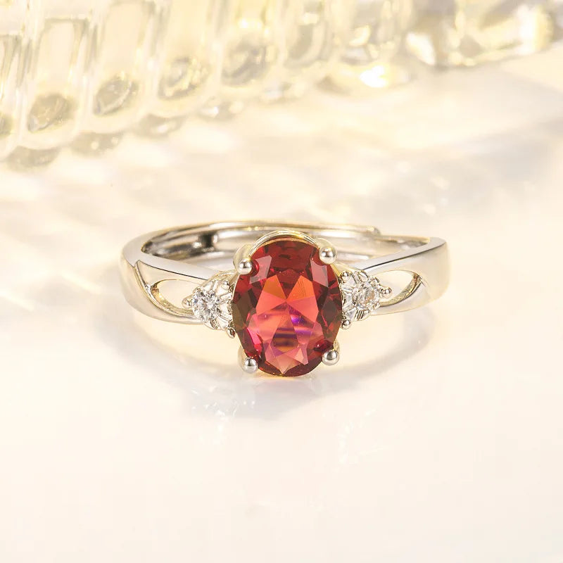 Classic Ring 925 Silver Jewelry with Oval Ruby Zircon Gemstone Open Finger Rings for Women Wedding Party Promise Gift Ornaments