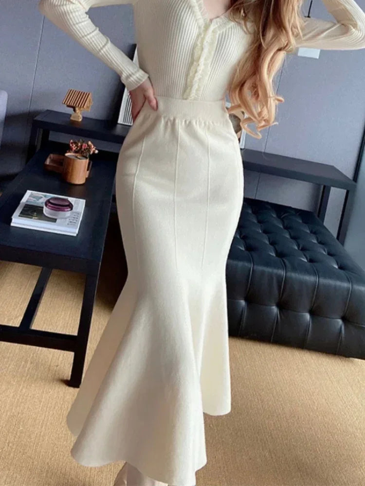 Women's Skirts 2025 Autumn Winter Fashion Knitted Long Skirts for Women Green Vintage Slim Office Lady A-LINE Fishtail Skirt