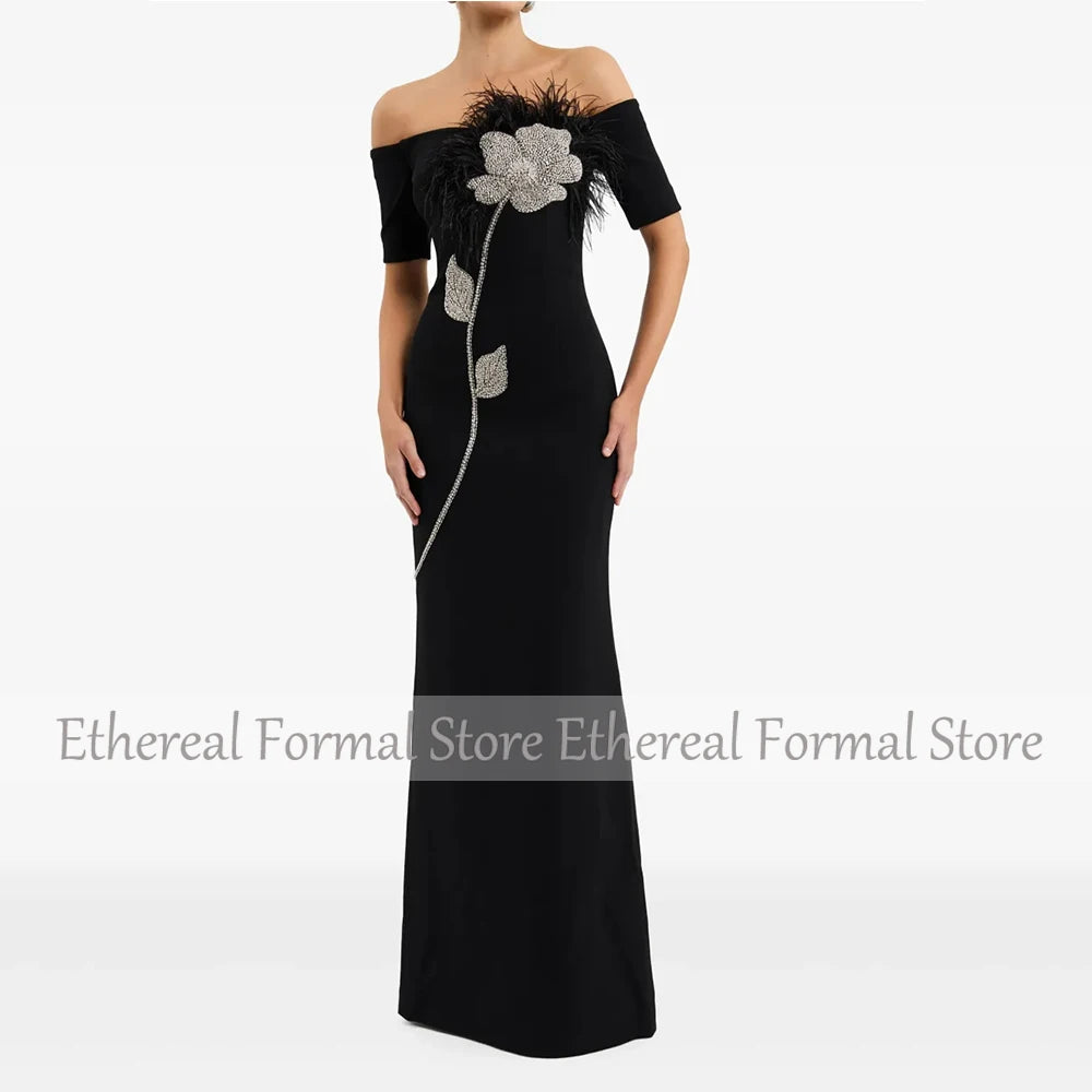 Modern Black Evening Gown For Women Sheath Formal Party Dress Floor Length Saudi Dress Beading Prom Dress With Feather