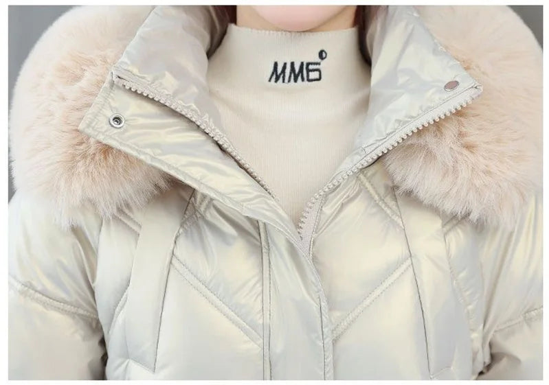 Champagne Winter Jacket Parkas Women Coat Fur Collar Hooded Overcoat Female Jacket Thick Warm Cotton Padded Puffer Parka Outwear