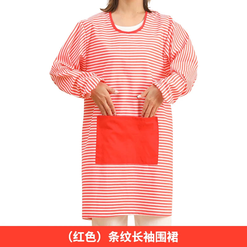 Fashionable Striped Apron For Home Kitchen Cooking Long Sleeved Women's Cute Anti Stain Work Dining Work Clothes Smock