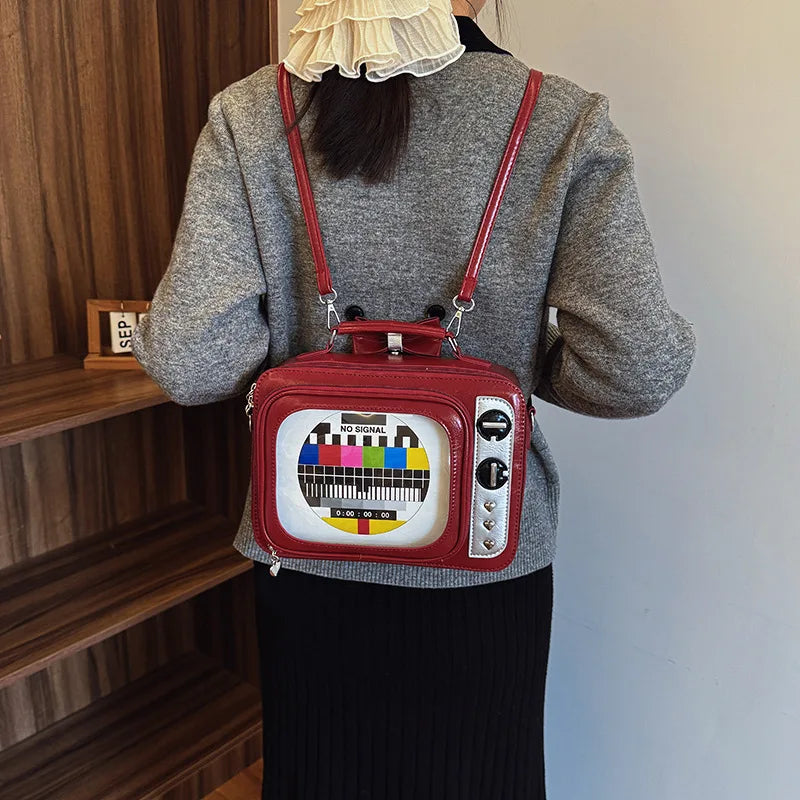 Cartoon Cute Handbags for Women Funny Retro TV Transparent Square Bag Fashion Leather Personalized Creative Shoulder Bag Woman