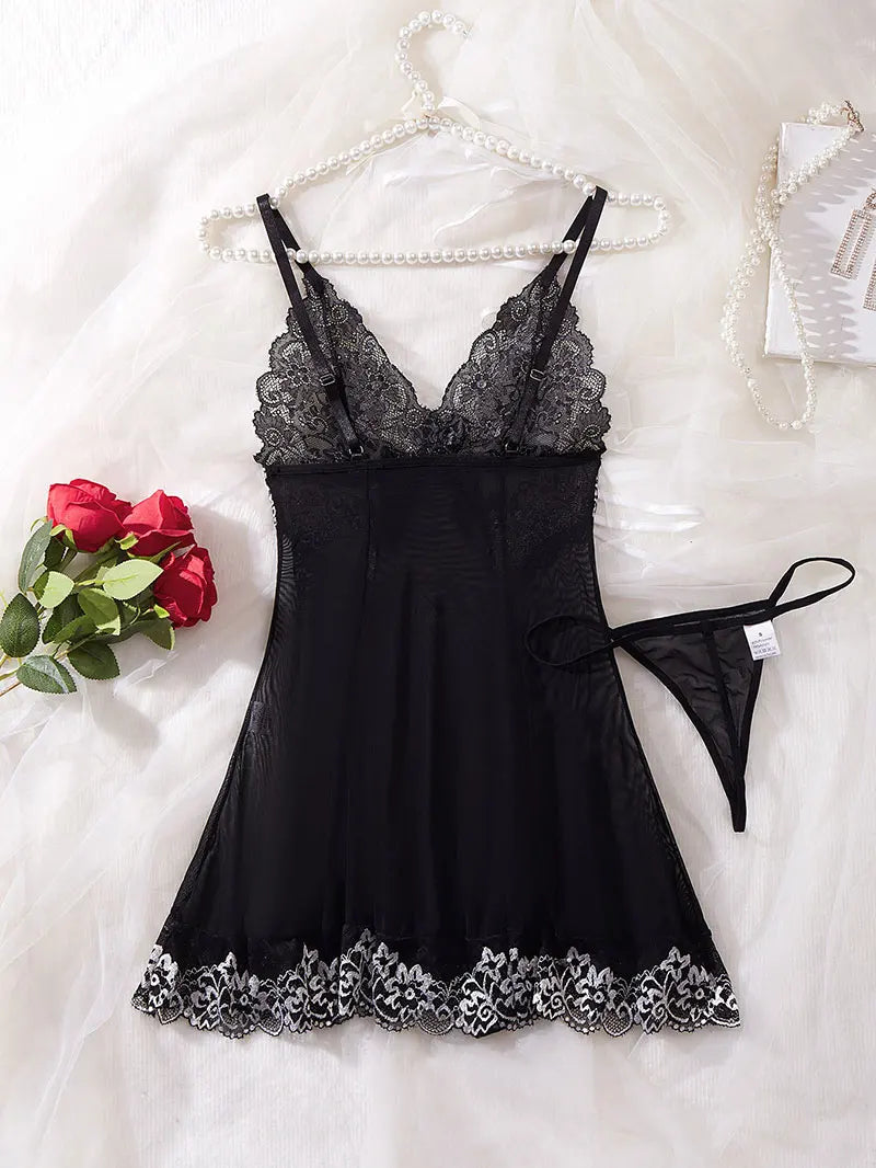 Nightdress And Panty Pijamas Sets Women Underwear Lace See Through Sleepwear Sexy Lingerie Drees Female Sexy Nightwear For Night