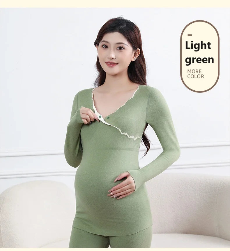 Winter Maternity Padded Warm Pajamas Pregnant Women's Homewear with Cups No Need to Wear Bra Breastfeeding Bottoming Underwear