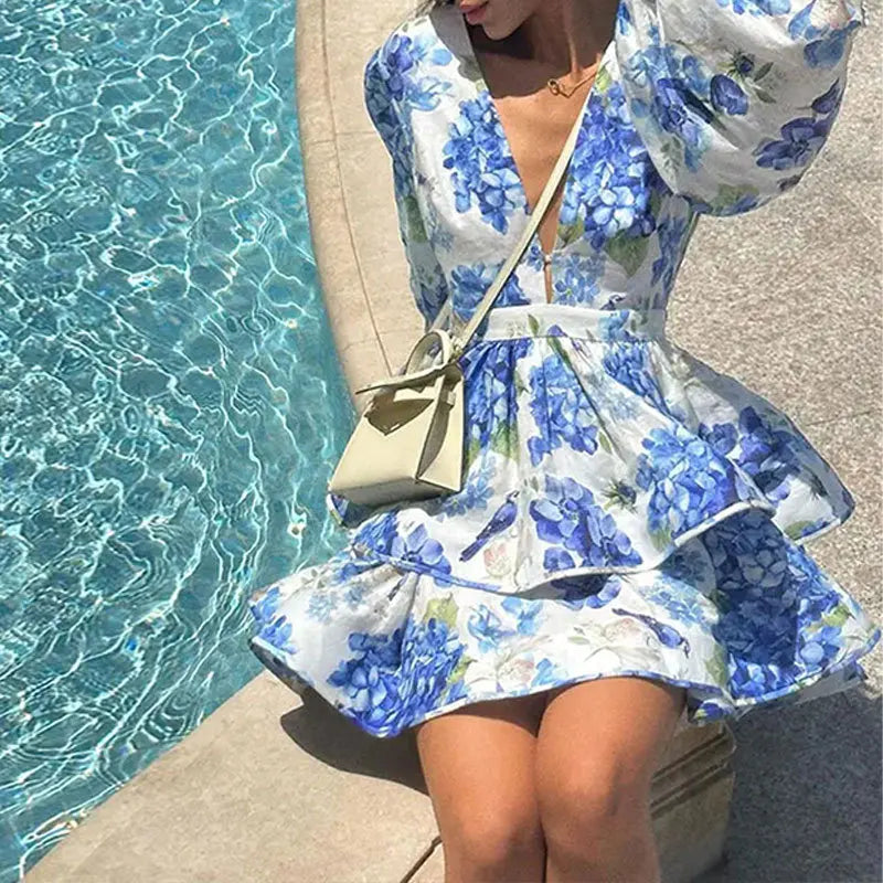 Stylish And Elegant Flower Print Women's Mini Dress Chic V-neck Puff Long Sleeve Double Layer Ruffle Mini Dress 2024 Autumn New