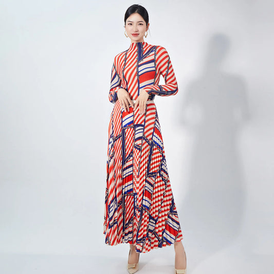 Elegant Women's Two-Piece Dress Set Pleated Striped Long-Sleeved Turtleneck Skirt Ankle Length Woven Fabric Anti-Static