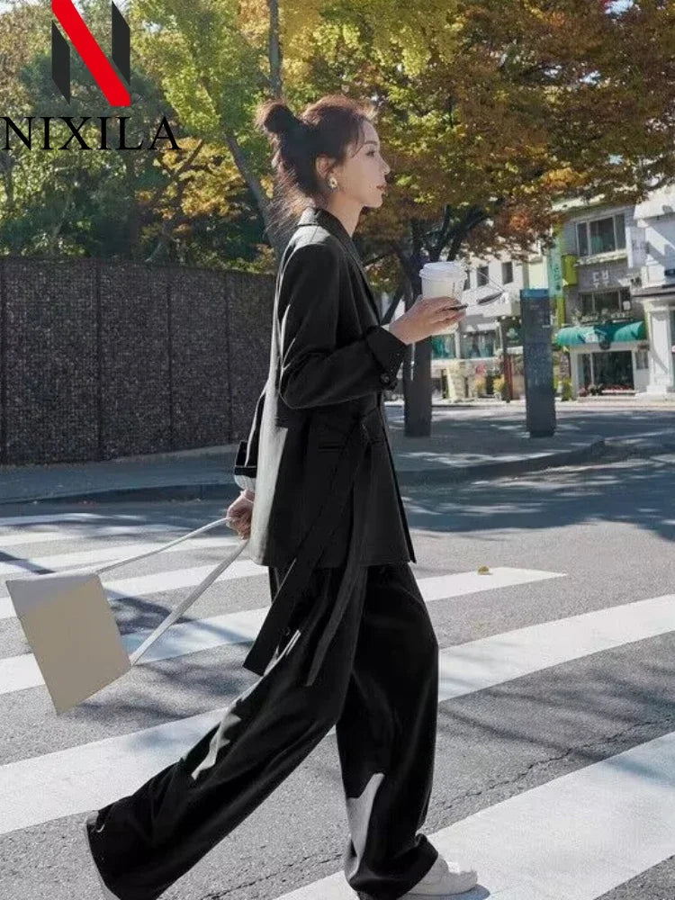Women's Fashion Office Suit Set Casual Oversized Blazer And Wide Leg Pants Two-Piece Long Sleeve Top Bottoms Combo