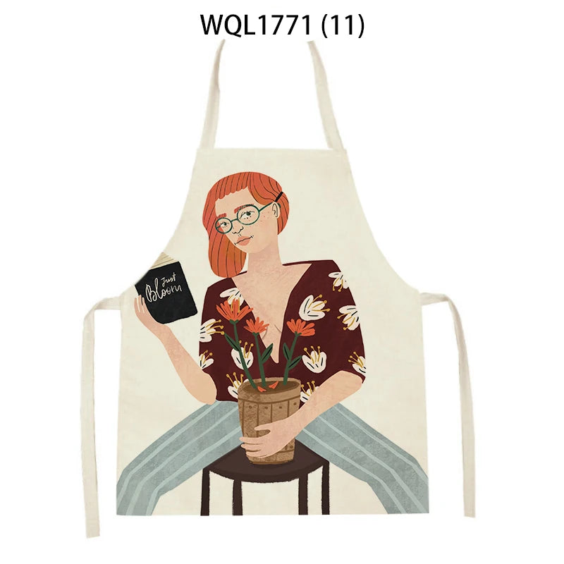 Kitchen Apron Modern Girl Plants Pattern Linen Aprons for Women Men Household Cleaning Apron Cooking Baking Accessories