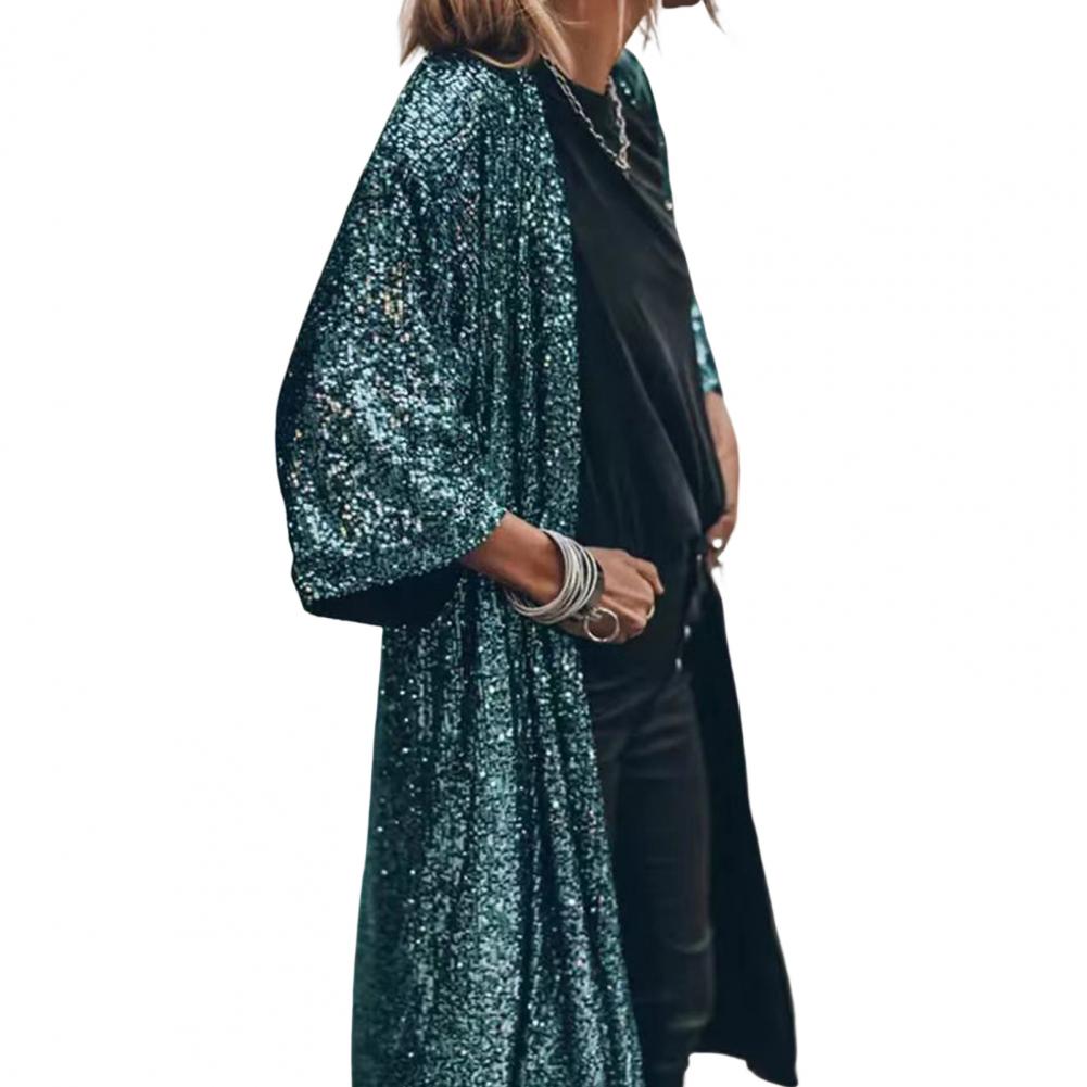 Women Coat Comfy Loose Outerwear Outwear Windproof  Stylish Shining Sequins Cardigan Jacket Top