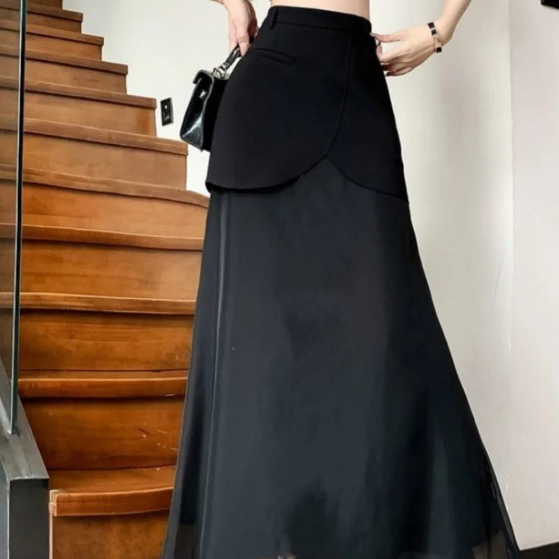 Fashion Skirts for Women All-match Black Cool Girls Summer High Waist Casual Ankle-length Loose A-line Patchwork New Fake 2 Pcs
