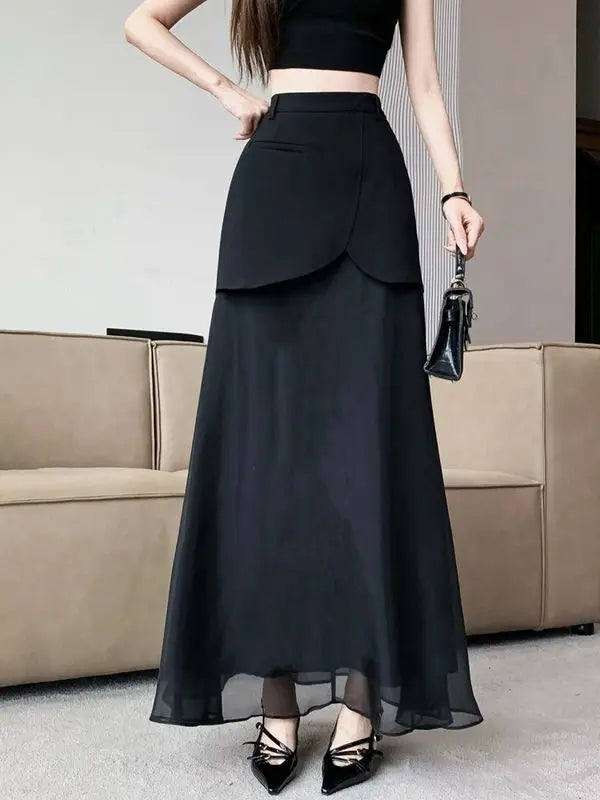 Fashion Skirts for Women All-match Black Cool Girls Summer High Waist Casual Ankle-length Loose A-line Patchwork New Fake 2 Pcs