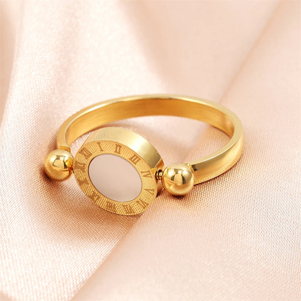 Classic Round Roman Numeral Reversible Rings For Women Men Black White Copper Metal Ring Party Daily Jewelry