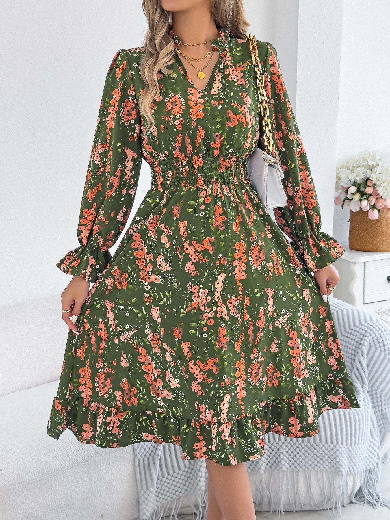 Elegant Floral Print Dresses Women 2025 Autumn Winter V Neck Flare Long Sleeve Ruffled A Line Dress
