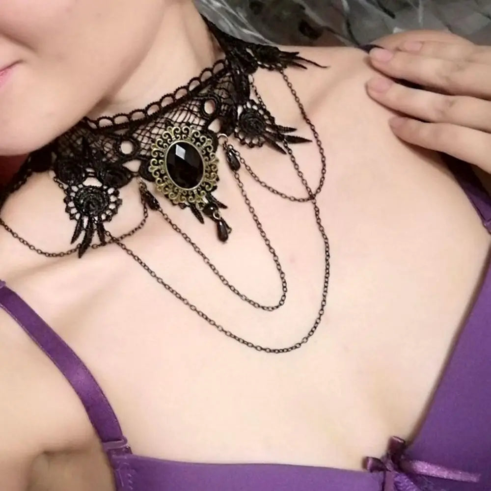 Sexy Black Lace Necklace Vintage Gothic Necklace Steampunk Style Beads Pendant Exquisite Women Choker Fashion Jewelry