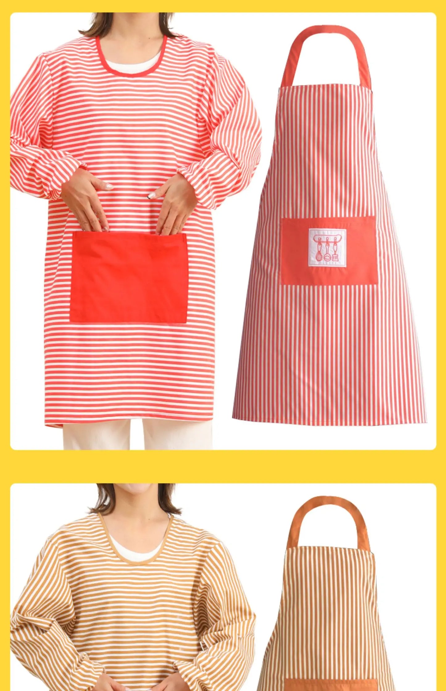 Fashionable Striped Apron For Home Kitchen Cooking Long Sleeved Women's Cute Anti Stain Work Dining Work Clothes Smock