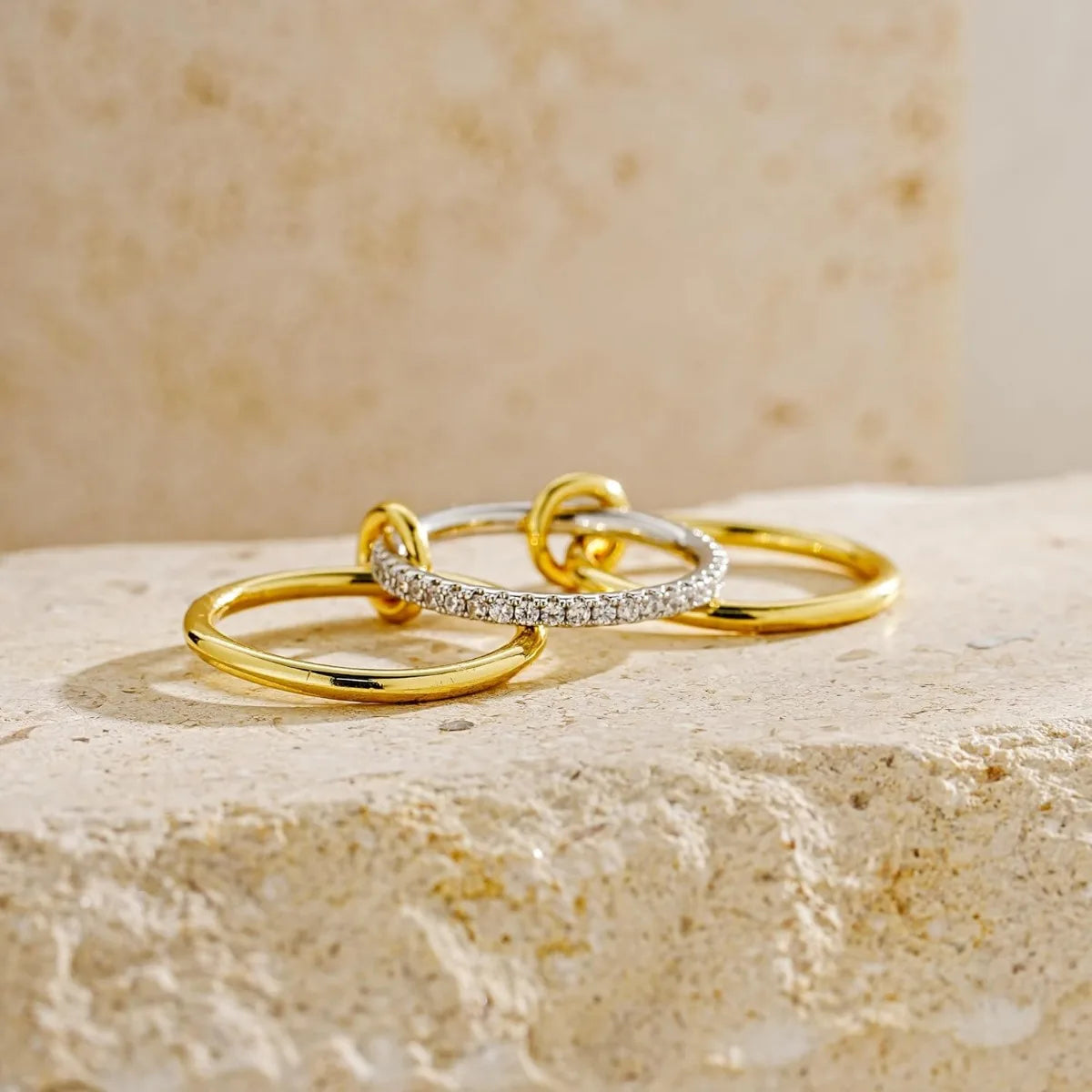 A Three-Ring Two-Color Stacking Ring, Copper Jewelry Inlaid With Zircon, Street Hip-Hop Style Hypoallergenic, Suitable For Women