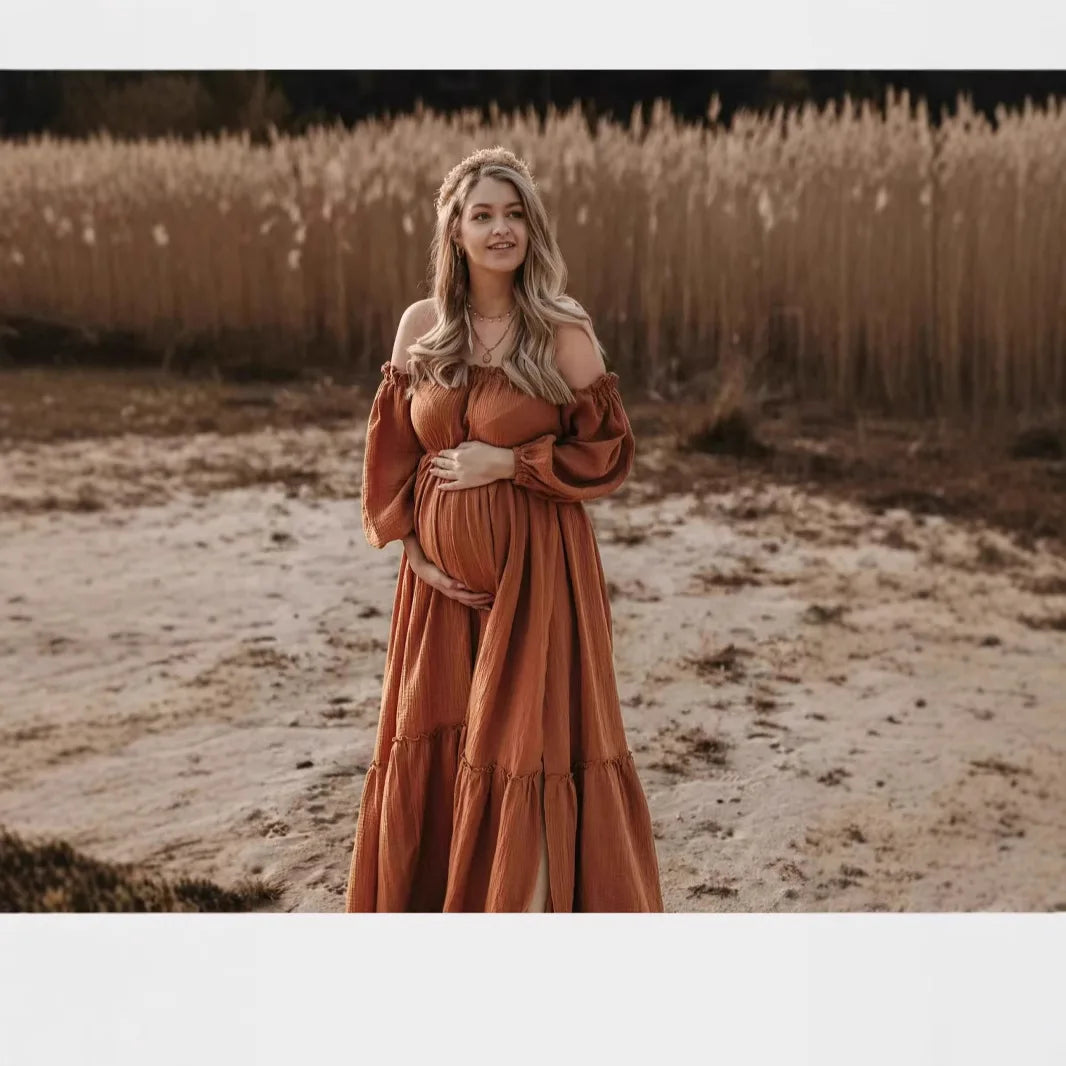 Maternity Photoshoot Dress - Sexy Off-Shoulder Gown Playful Puff Sleeves & Leg-Baring Slit Clothes for Pregnant Women Photograph