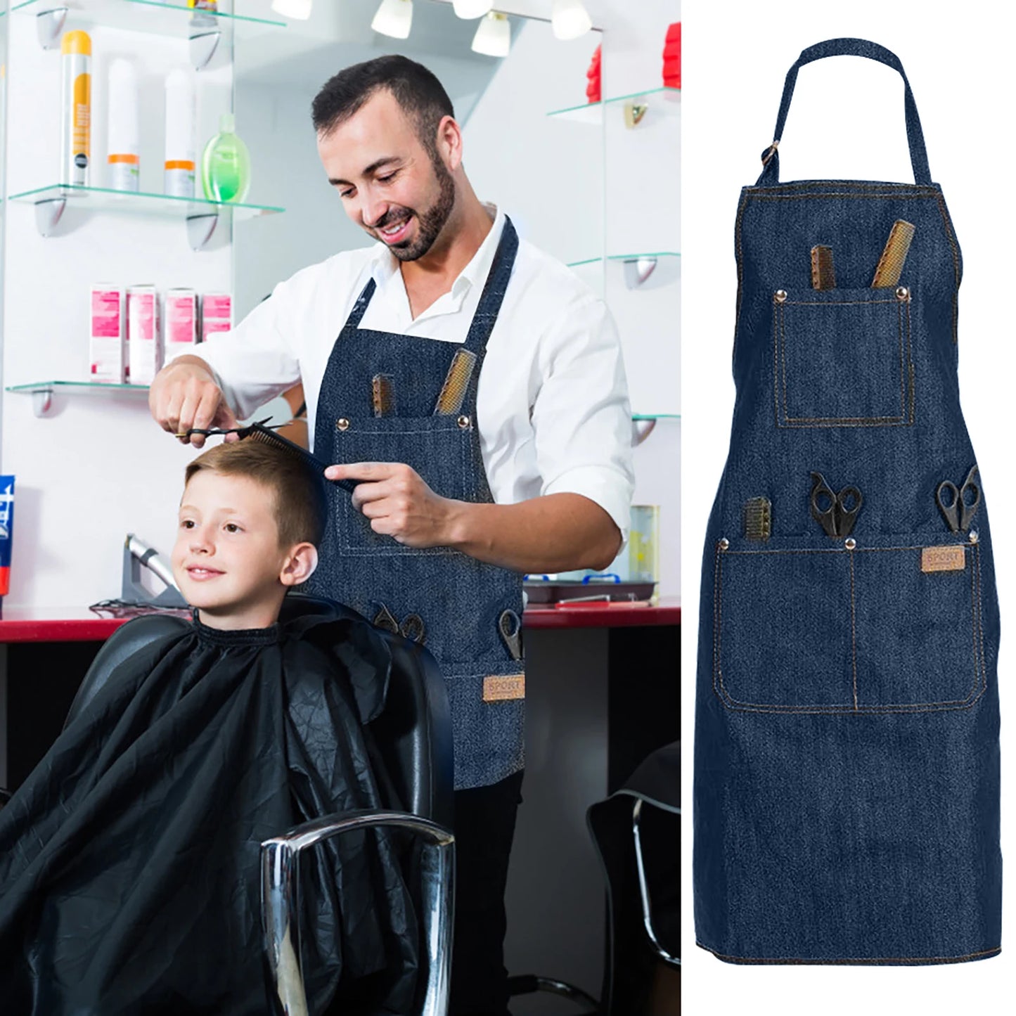 Denim Apron Salon Working Clothes Barber Cloth Kitchen Cooking Grill Restaurant Bar Shop Cafes Baking Beauty Nails Uniform