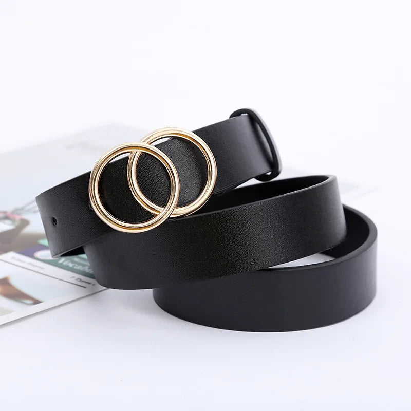 Double Ring Belts for Women Fashion Dress Jeans Belt PU Leather Metal Buckle Round Black Waist Belts Lady Girl Leisure Waistband