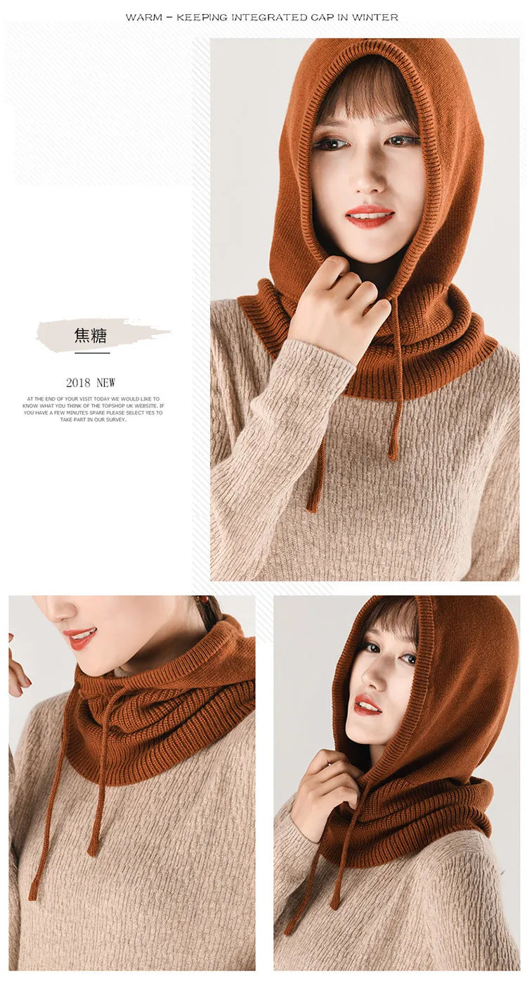 Winter Hats for Women, Wool Blend Hooded Scarf Hat for Girls Balaclava Knit Skull Cap Beanie Hat Neck Gaiters