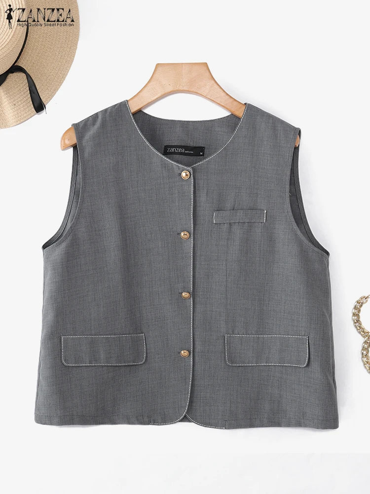 ZANZEA Outerwear 2025 Fashion Women Vests Thin Coats Sleeveless Casual Loose Solid Color Elegant Streetwear Summer Buttons Shirt