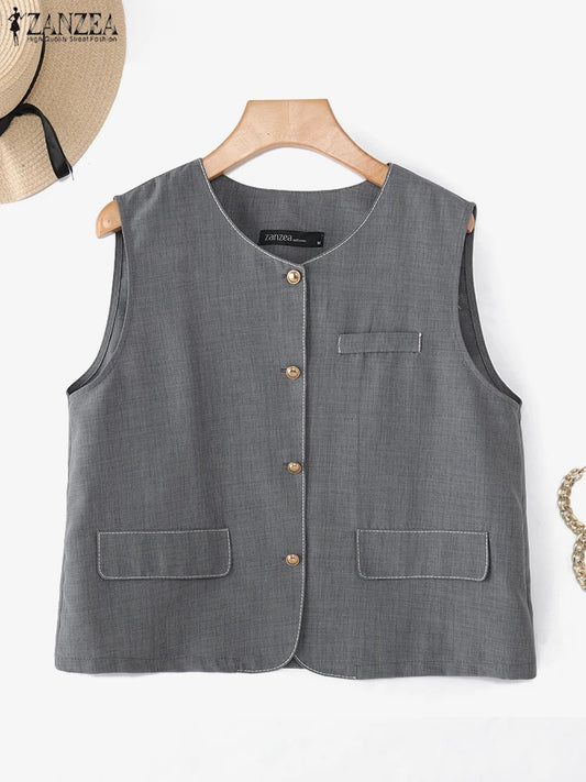 ZANZEA Outerwear 2025 Fashion Women Vests Thin Coats Sleeveless Casual Loose Solid Color Elegant Streetwear Summer Buttons Shirt