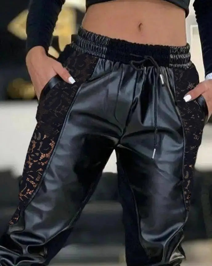 Women's Trousers Casual 2024 Summer Fashion Solid Color Contrast PU Lace Insert Pocket Drawstring High Waist Cuffed Pants