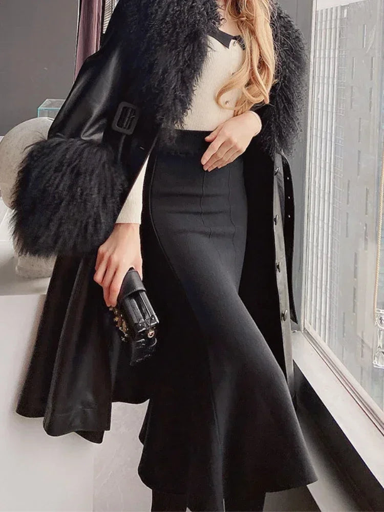 Women's Skirts 2025 Autumn Winter Fashion Knitted Long Skirts for Women Green Vintage Slim Office Lady A-LINE Fishtail Skirt