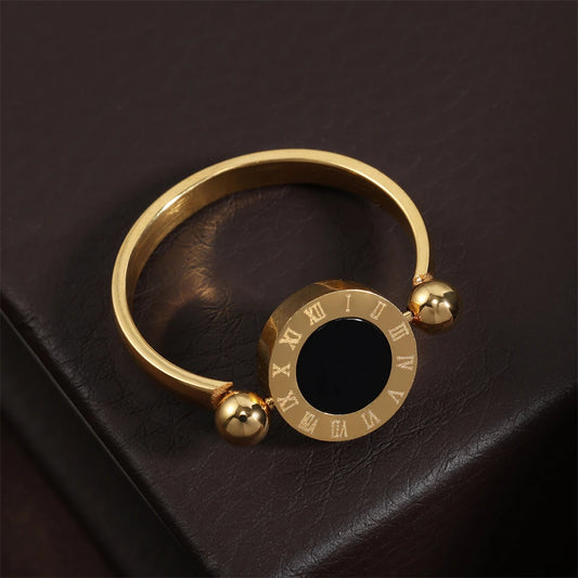 Classic Round Roman Numeral Reversible Rings For Women Men Black White Copper Metal Ring Party Daily Jewelry