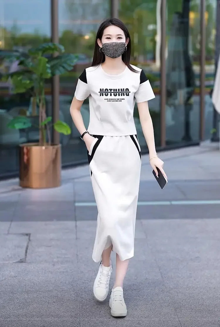 Women's Two Piece Set Short Sleeve Lightly Cooked Slit Skirt Luxury Designer Clothing Y2k Clothes Top and Bottom Female Outfits