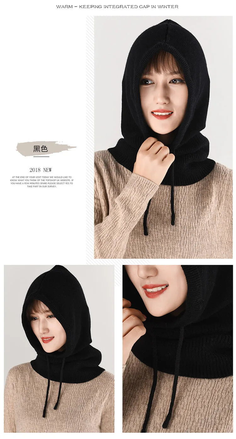 Winter Hats for Women, Wool Blend Hooded Scarf Hat for Girls Balaclava Knit Skull Cap Beanie Hat Neck Gaiters