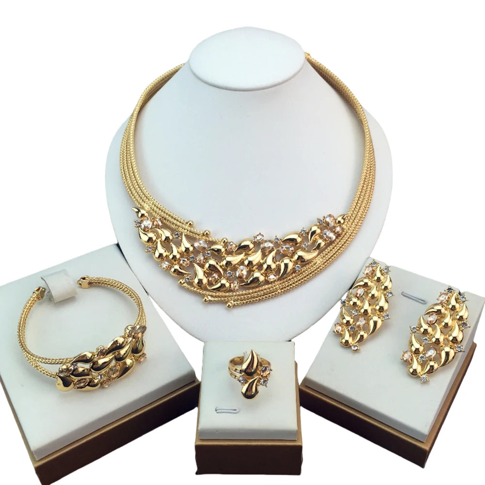 Luxury Design Gold Color Jewelry Set For Women Quality Trending Necklace Earrings Bracelet And Ring Wedding Party FHK19490